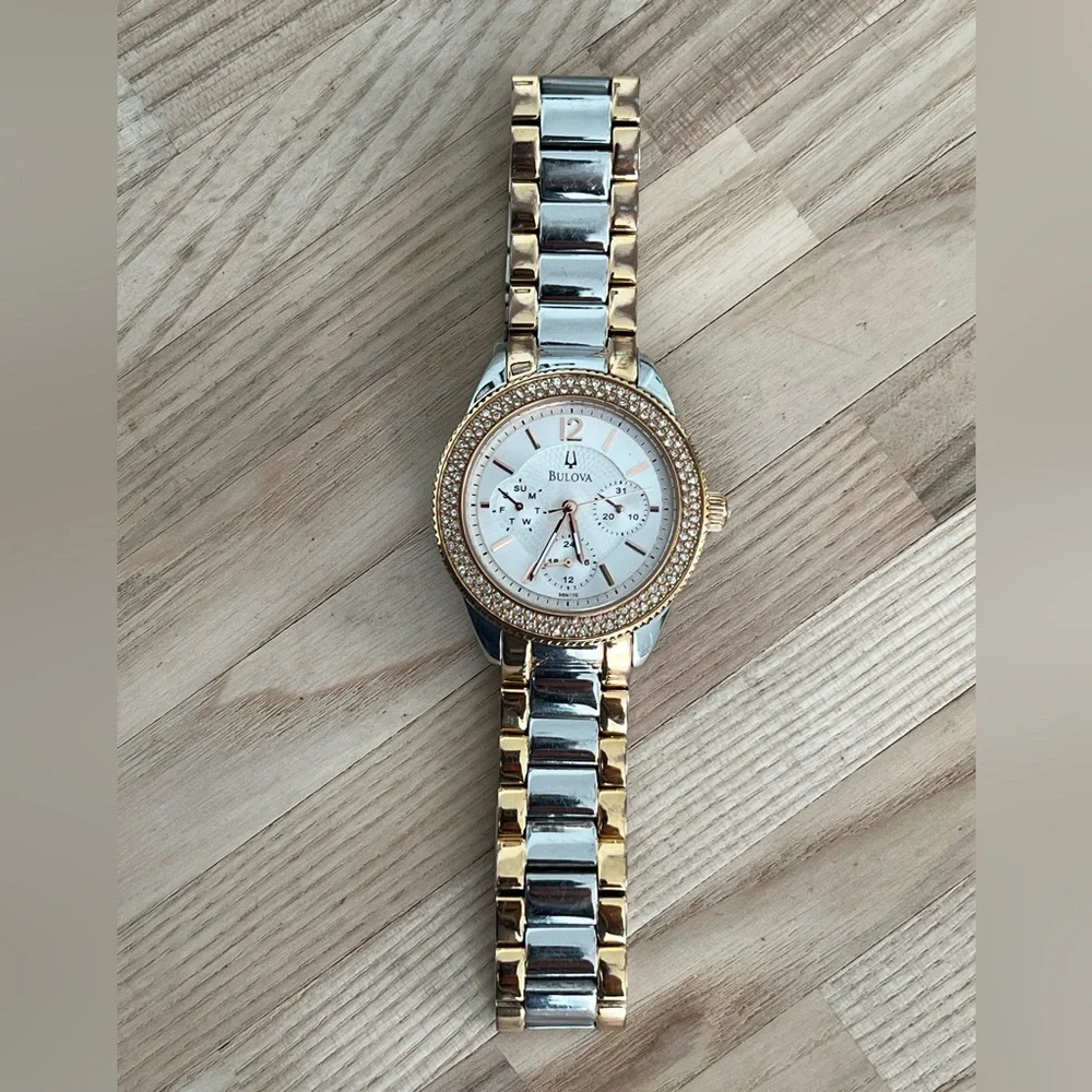 Bulova Ladies Watch Rose and Stainless Bracelet White Dial Day Date Dials